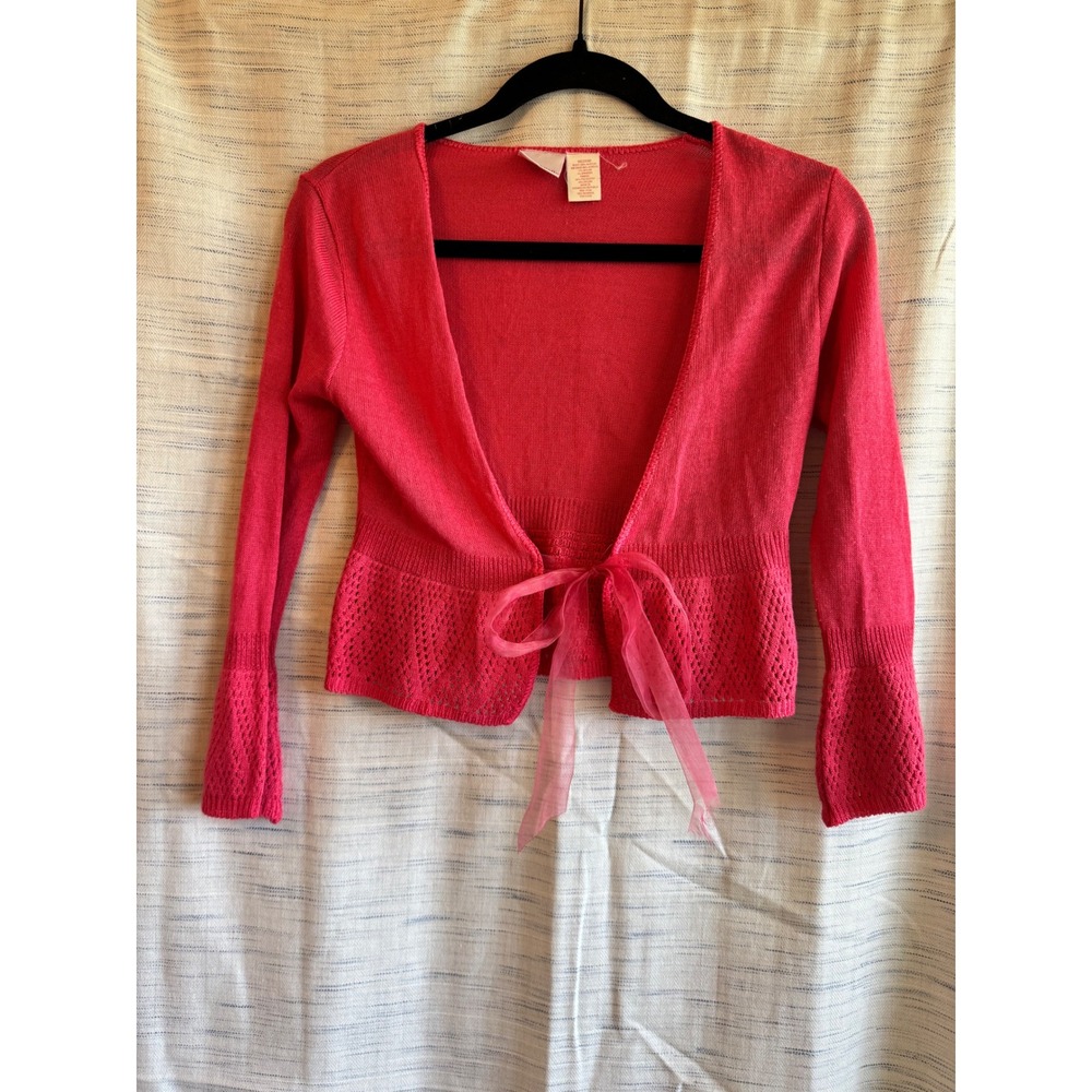Xhilaration Pink Pointelle Cropped Cardigan Ribbon Tie Balletcore Sweater Medium